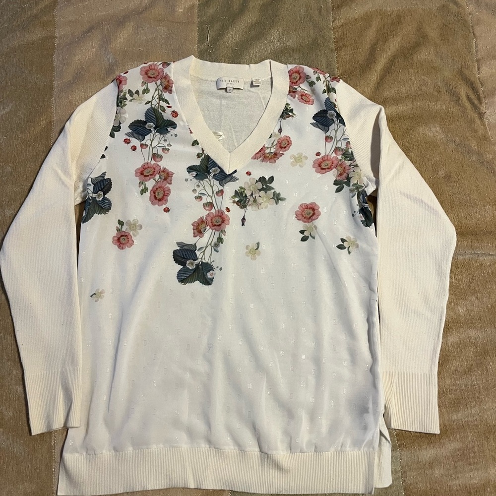 Ted Baker Floral V-Neck Sweater - Cream and Pink